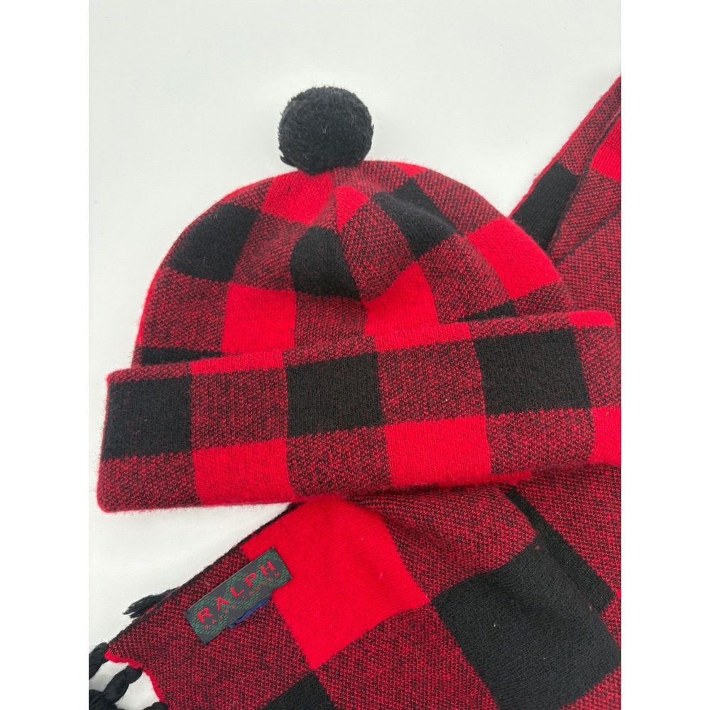 Ralph Lauren Red Black Buffalo Plaid Knit Beanie Pom Hat and Tassel Scarf Set - Picture 2 of 6